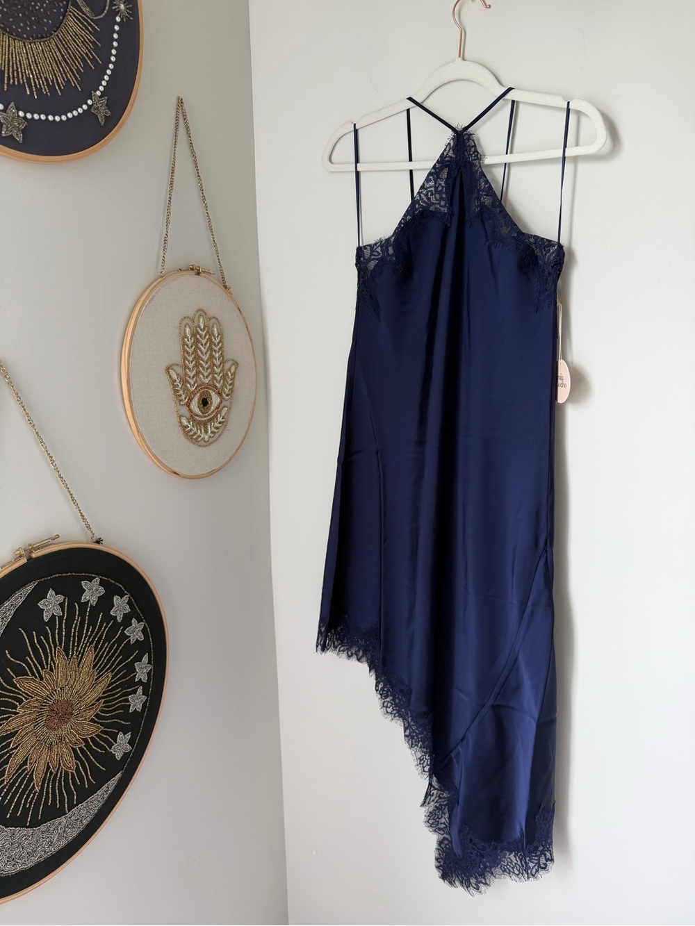 Navy blue Asymmetrical Lace halter Slip Dress